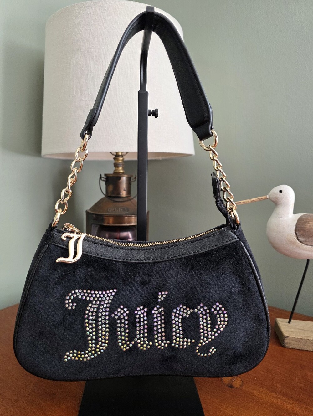 Juicy Couture Black Velvet Rhinestone Logo Shoulder Bag Purse Y2K